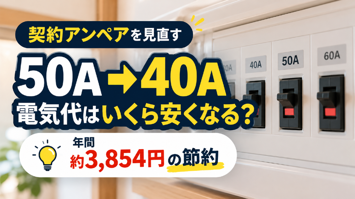 契約アンペアを50Aから40Aに下げた場合の電気代と年間約3,854円の節約額を紹介するアイキャッチ画像